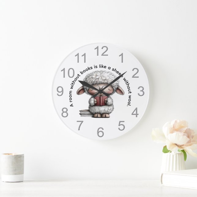 Grande Horloge Ronde Whimsical Cute Sheep Reading a Book (Maison)