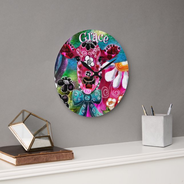 Grande Horloge Ronde Whimsical Floral Cow Pink Teal Black Personalized (Bureau)