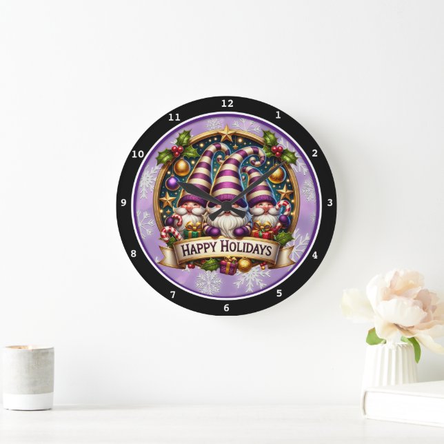 Grande Horloge Ronde Whimsical Gnomes" - Mur de Noël Festif (Maison)