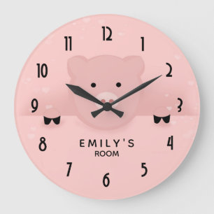Grande Horloge Ronde Whimsical pink pig cute Farm Animal