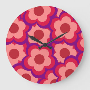 Grande Horloge Ronde Whimsical Rouge & rose Floral Retro, Bold Preppy