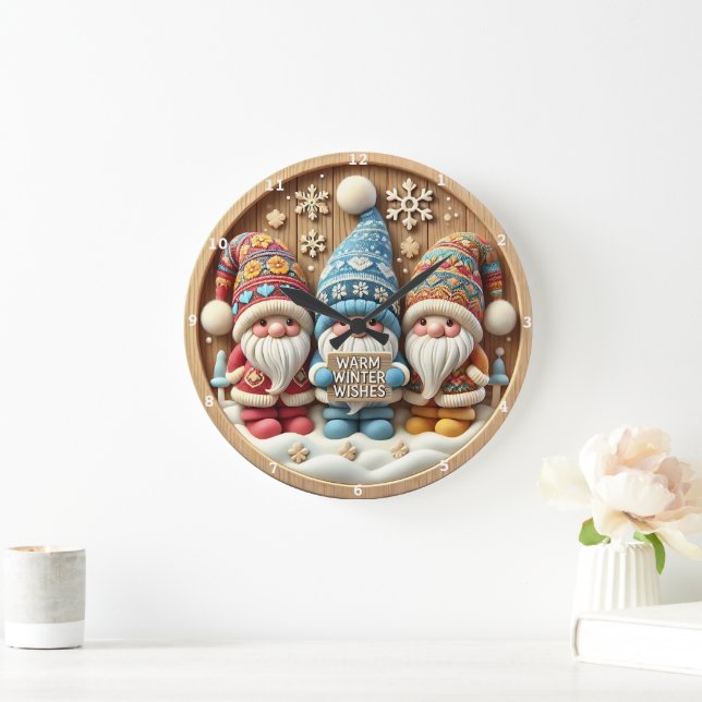 Grande Horloge Ronde Whimsical Winter Gnomes" - Mur Festif en bois (Maison)