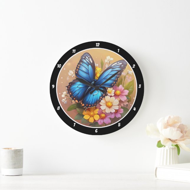 Grande Horloge Ronde Whisper de printemps" - Floral aux papillons bleus (Maison)