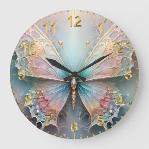 Grande Horloge Ronde Whispers of Color : Pastel Fractal Butterfly Dream