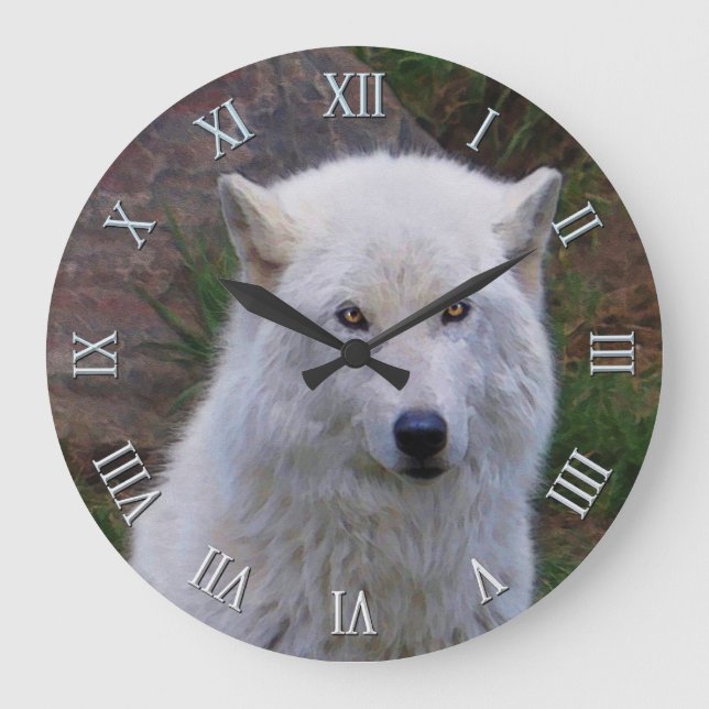 Grande Horloge Ronde White Arctic Wolf Wildlife Art Clock (Recto)