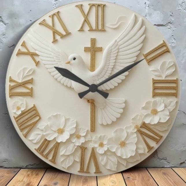 Grande Horloge Ronde White dove golden cross religious faith Christian  (Créateur téléchargé)