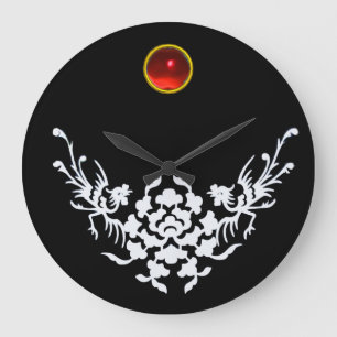 Grande Horloge Ronde WHITE GRIFFINS AND FLOWERS ,Red Ruby Gem Stone