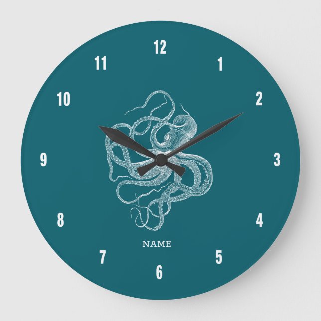 Grande Horloge Ronde White octopus on custom turquoise background monog (Recto)