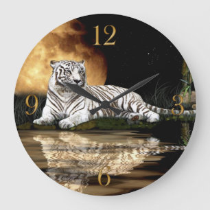 Grande Horloge Ronde White Tiger & Moon Big Cat Animal-Lover Wall Clock