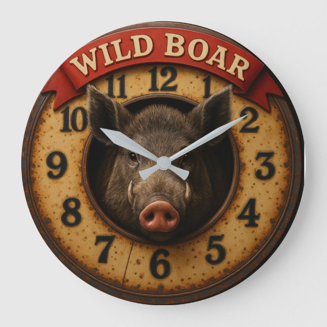 Grande Horloge Ronde Wild boar  rustic hunting lodge woodland theme (Recto)