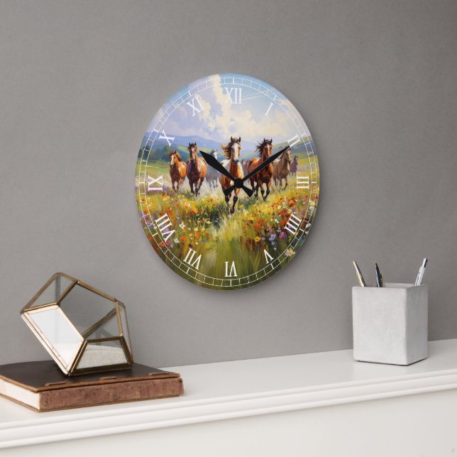 Grande Horloge Ronde Wild Horses Running in a Wildflower Meadow (Bureau)