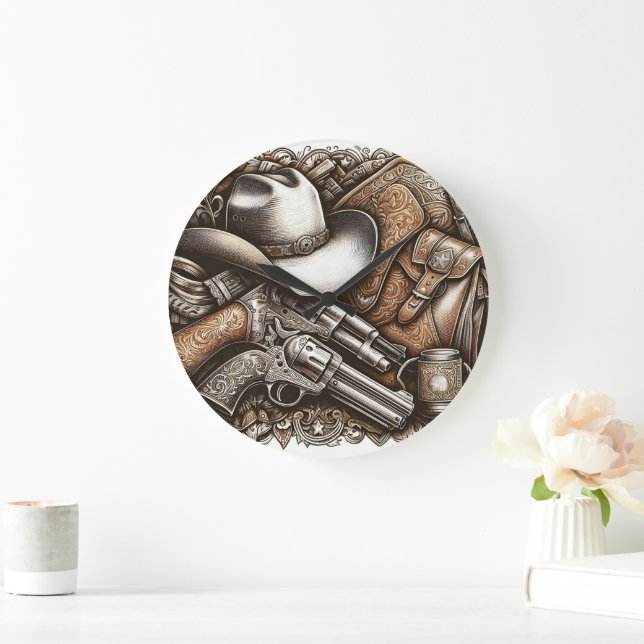 Grande Horloge Ronde Wild West avec Cowboy Casquette et armes à feu (Maison)