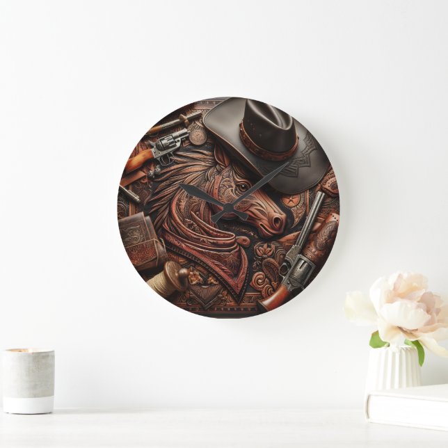 Grande Horloge Ronde Wild West Still Life : Cowboy Casquette, Gun et pl (Maison)