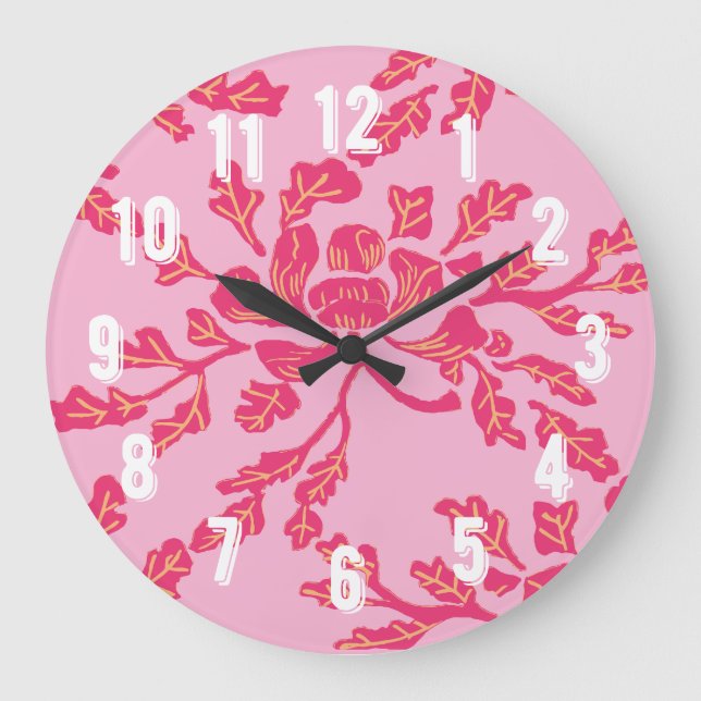 Grande Horloge Ronde Winding Peony Woodcut in Pink and Orange (Recto)