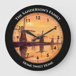 Grande Horloge Ronde Windmills Sunset Kinderdijk - Watercolor Painting
