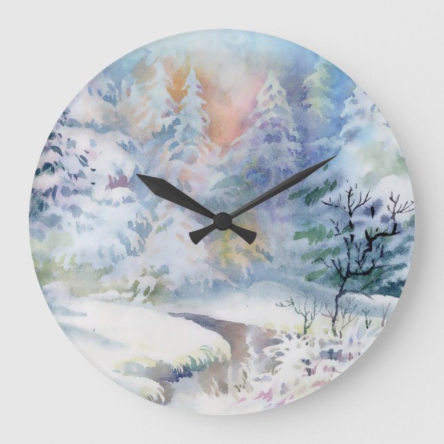 Grande Horloge Ronde Winter Wonderland : Paysage aquarelle (Recto)