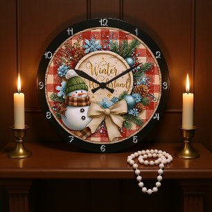 Grande Horloge Ronde Winter Wonderland Snowman Plaid