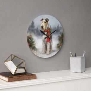 Grande Horloge Ronde Wirefox Terrier Chien de Noël de neige