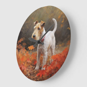 Grande Horloge Ronde Wirefox Terrier en automne Leaves automne Inspire