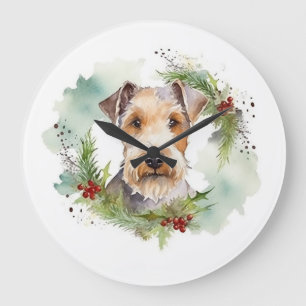 Grande Horloge Ronde Wirefox Terrier Festive de Noël Wreath Pup