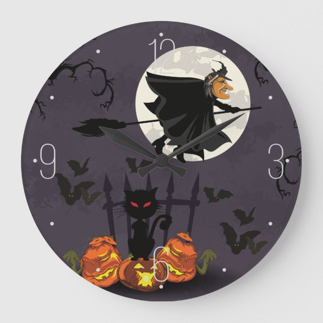 Grande Horloge Ronde Witch on broomstick, black cat, pumpkins Halloween (Recto)