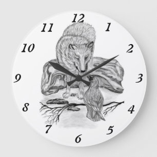 Grande Horloge Ronde Wolf and Raven black and white design