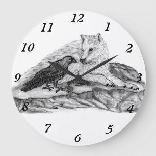Grande Horloge Ronde Wolf and Raven black and white design