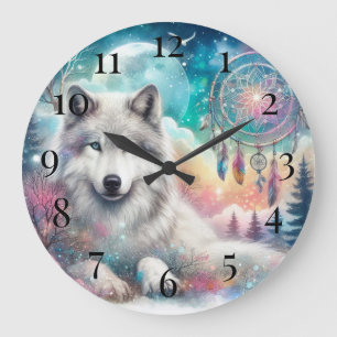 Grande Horloge Ronde Wolf et Dreamcatcher avec la Lune