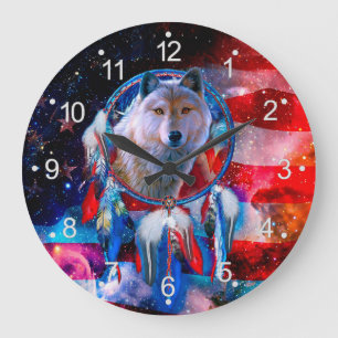 Grande Horloge Ronde Wolf et Dreamcatcher en drapeau américain