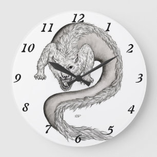 Grande Horloge Ronde Wolfdragon design noir et blanc