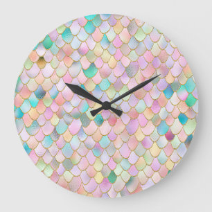 Grande Horloge Ronde Wonky Trendy Rainbow Girl Metal Mermaid Scales