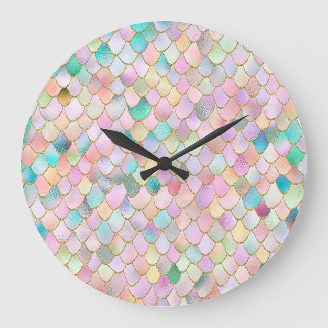 Grande Horloge Ronde Wonky Trendy Rainbow Girl Metal Mermaid Scales (Recto)