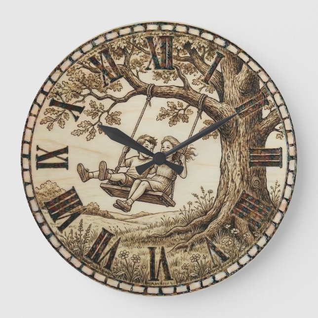 Grande Horloge Ronde Wood Burned Swing Tree Wall Clock (Recto)