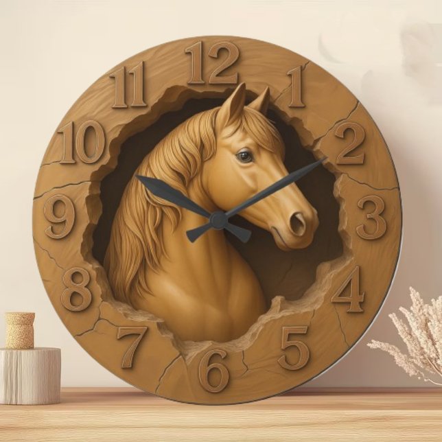 Grande Horloge Ronde Wood carved horse rustic equestrian farmhouse (Créateur téléchargé)