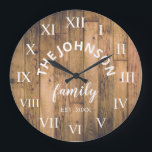 Grande Horloge Ronde Wood Custom Family<br><div class="desc">The brown wooden farm house wall clock is perfect for your country farmhouse kitchen or living room. Customize with your family name and established year for a unique and personalized birthday ou Christmas vend.</div>