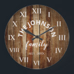 Grande Horloge Ronde Wood Custom Family<br><div class="desc">The brown wooden farm house wall clock is perfect for your country farmhouse kitchen or living room. Customize with your family name and established year for a unique and personalized birthday ou Christmas vend.</div>