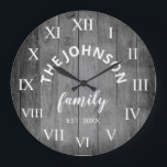 Grande Horloge Ronde Wood Custom Family<br><div class="desc">The grey (gray) wooden farm house wall clock is perfect for your country farmhouse kitchen. Customize with your family name and established year for a unique and personalized birthday ou Christmas vend.</div>