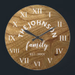Grande Horloge Ronde Wood Custom Family<br><div class="desc">The brown wooden farm house wall clock is perfect for your country farmhouse kitchen or living room. Customize with your family name and established year for a unique and personalized birthday ou Christmas vend.</div>