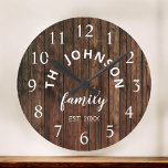 Grande Horloge Ronde Wood Custom Family<br><div class="desc">The brown wooden farm house wall clock is perfect pour your country farmhouse kitchen. Customize with your family name and established year for a unique and personalized birthday ou Christmas vend.</div>