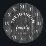 Grande Horloge Ronde Wood Custom Family<br><div class="desc">The grey (gray) wooden farm house wall clock is perfect for your country farmhouse kitchen. Customize with your family name and established year for a unique and personalized birthday ou Christmas vend.</div>
