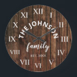 Grande Horloge Ronde Wood Custom Family<br><div class="desc">The brown wooden farm house wall clock is perfect pour your country farmhouse kitchen. Customize with your family name and established year for a unique and personalized birthday ou Christmas vend.</div>
