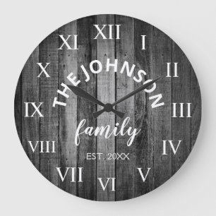 Grande Horloge Ronde Wood Custom Family Name Rustic Farmhouse