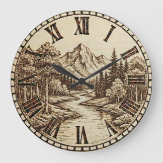 Grande Horloge Ronde Wood Engraved Mountain River Wall Clock