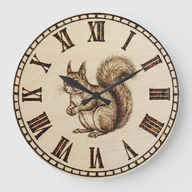Grande Horloge Ronde Wood Engraved Squirrel Wall Clock (Recto)