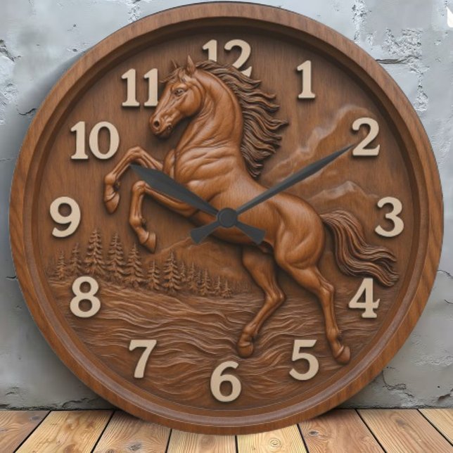 Grande Horloge Ronde Wooden horse carved rustic equestrian rustic art (Créateur téléchargé)