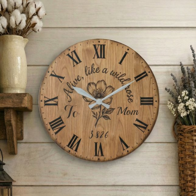 Grande Horloge Ronde Wooden Style Wild Rose Wall Clock for Mom (Créateur téléchargé)
