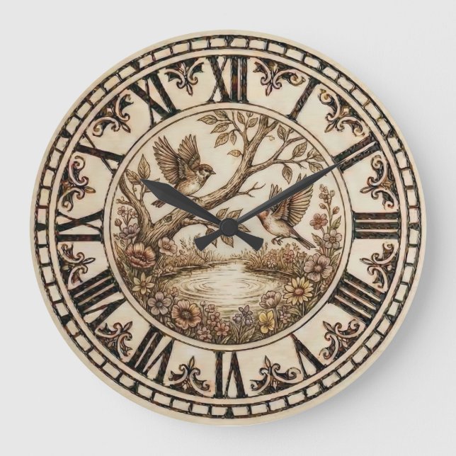 Grande Horloge Ronde Woodland Bird wall Clock - Rustic Farmhouse Decor (Recto)