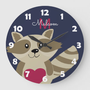 Grande Horloge Ronde Woodland Raccoon Adorable Monogramme Personnalisé