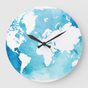 Grande Horloge Ronde World Map In Watercolor Blues