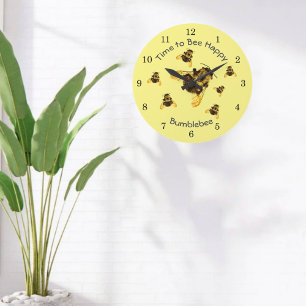 Grande Horloge Ronde Yellow Bumblebees Time to Bee Happy Customizable